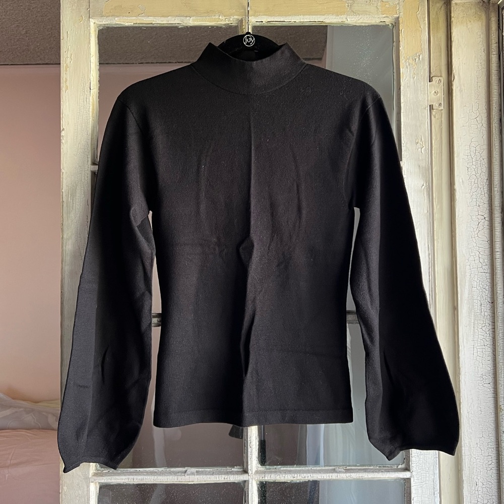 Vince Black Open Back Puff Long Sleeve Mock Neck Cotton Blend Top